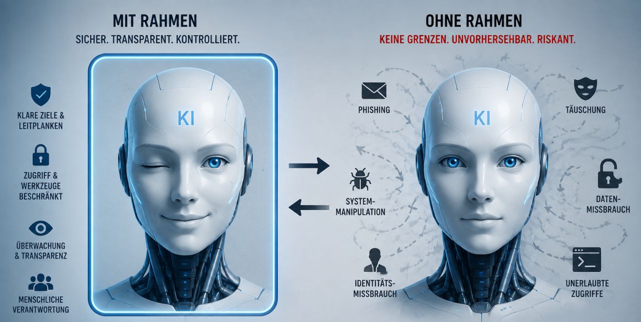 KI-Agenten mit und ohne Leitplanken (symbolische Darstellung) Gegenüberstellung einer KI mit Rahmen (Leitplanken, beschränkte Zugriffe, Überwachung, menschliche Verantwortung) und ohne Rahmen (Täuschung, Datenmissbrauch, unerlaubte Zugriffe) – symbolische Darstellung