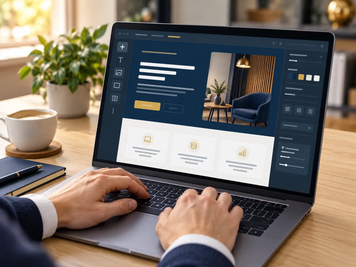 Hände an einem Laptop beim Gestalten einer Website in Dunkelblau und Gold
